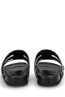 Valentino men’s black platform sandals with glossy finish and three parallel straps in sandalo slide studshield style