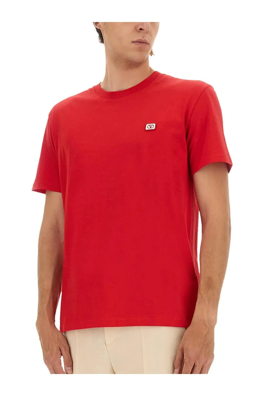 Valentino men’s red cotton t-shirt with a small white logo patch on the left chest front