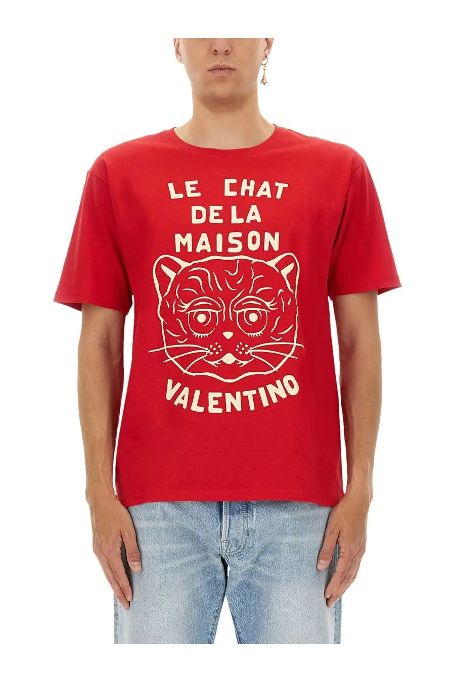 Valentino men’s red t-shirt with white outlined cat graphic and text le chat de la maison and valentino logo
