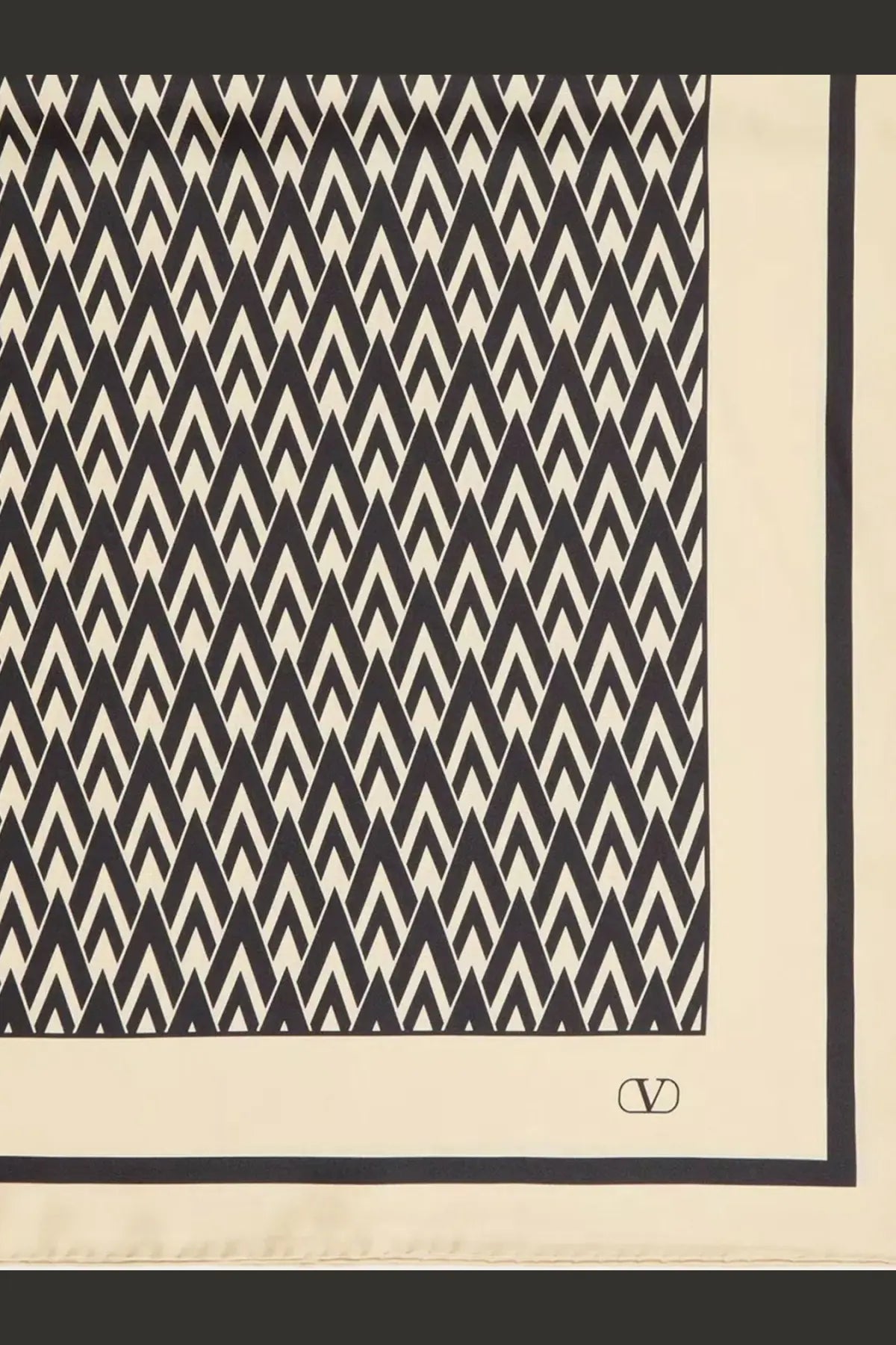 Valentino men’s silk scarf cream color with bold black zigzag pattern and matching border featuring logo embroidery
