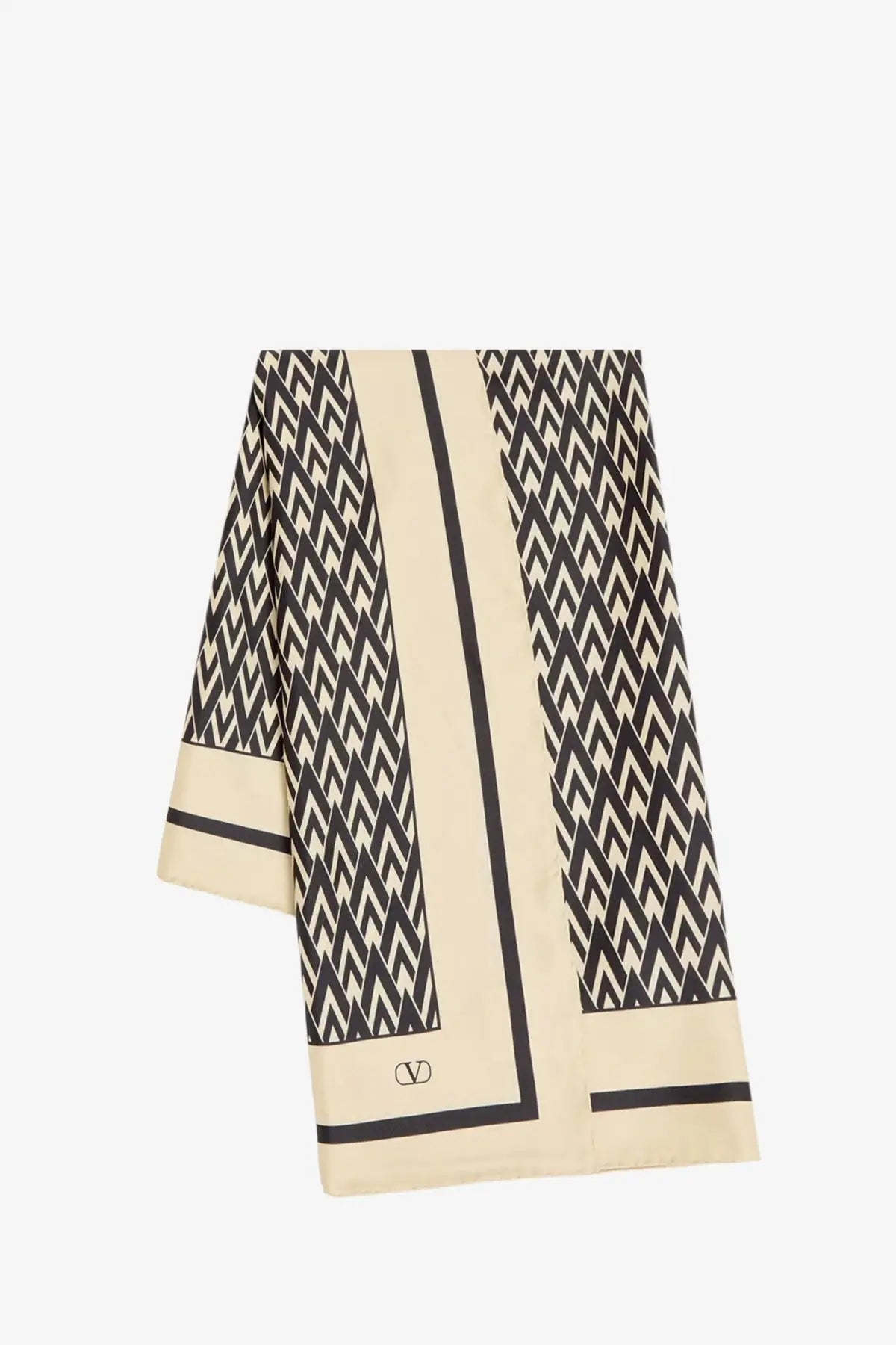 Valentino men’s silk scarf cream with black zigzag pattern bold border trim and subtle Valentino logo at corner