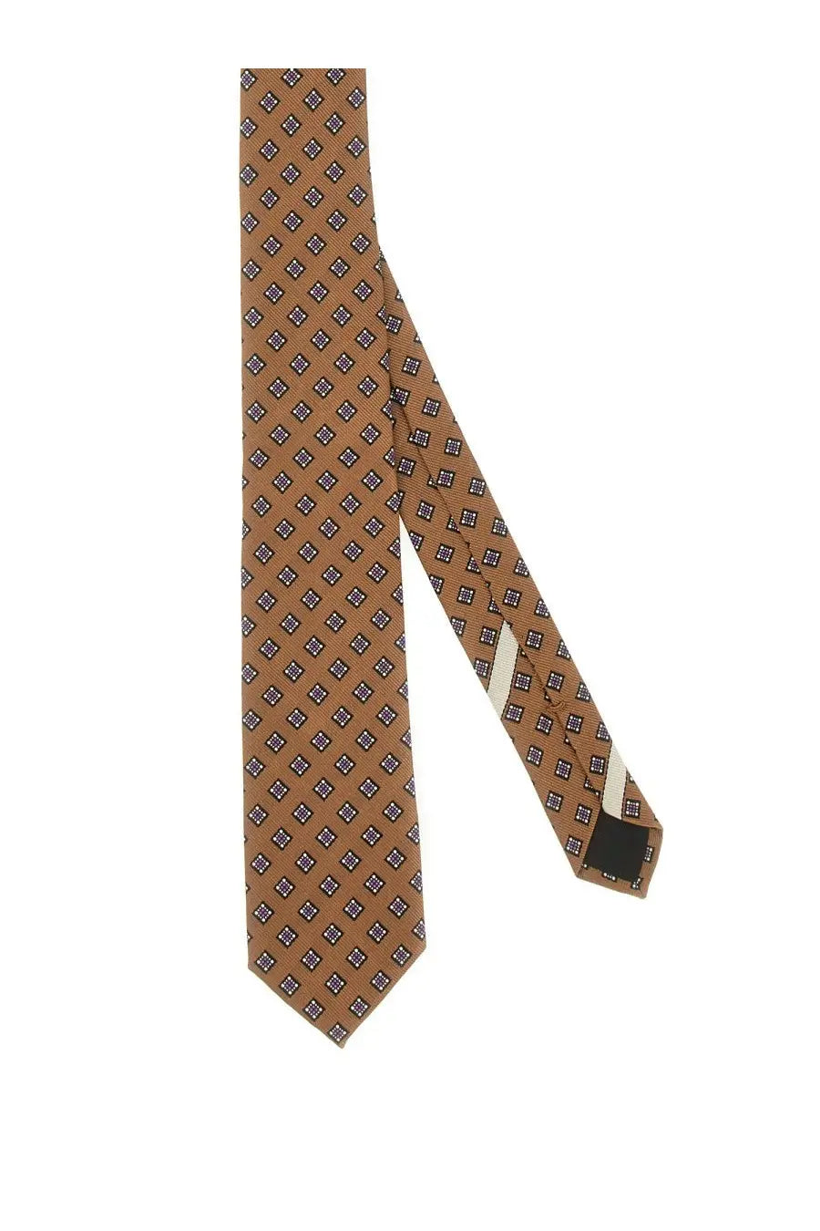 Valentino men’s beige silk tie with brown base featuring a geometric pattern of dark diamond shapes with white outlines