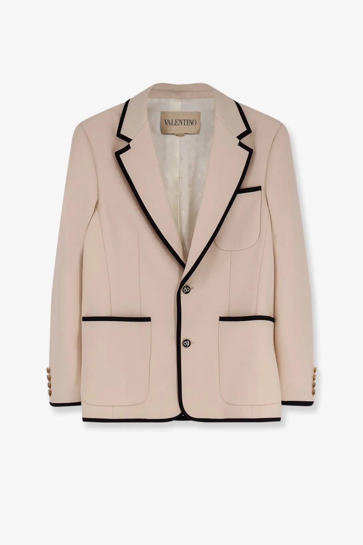 Valentino men’s single breasted virgin wool blazer in soft beige with bold black trim on lapels pockets and cuffs