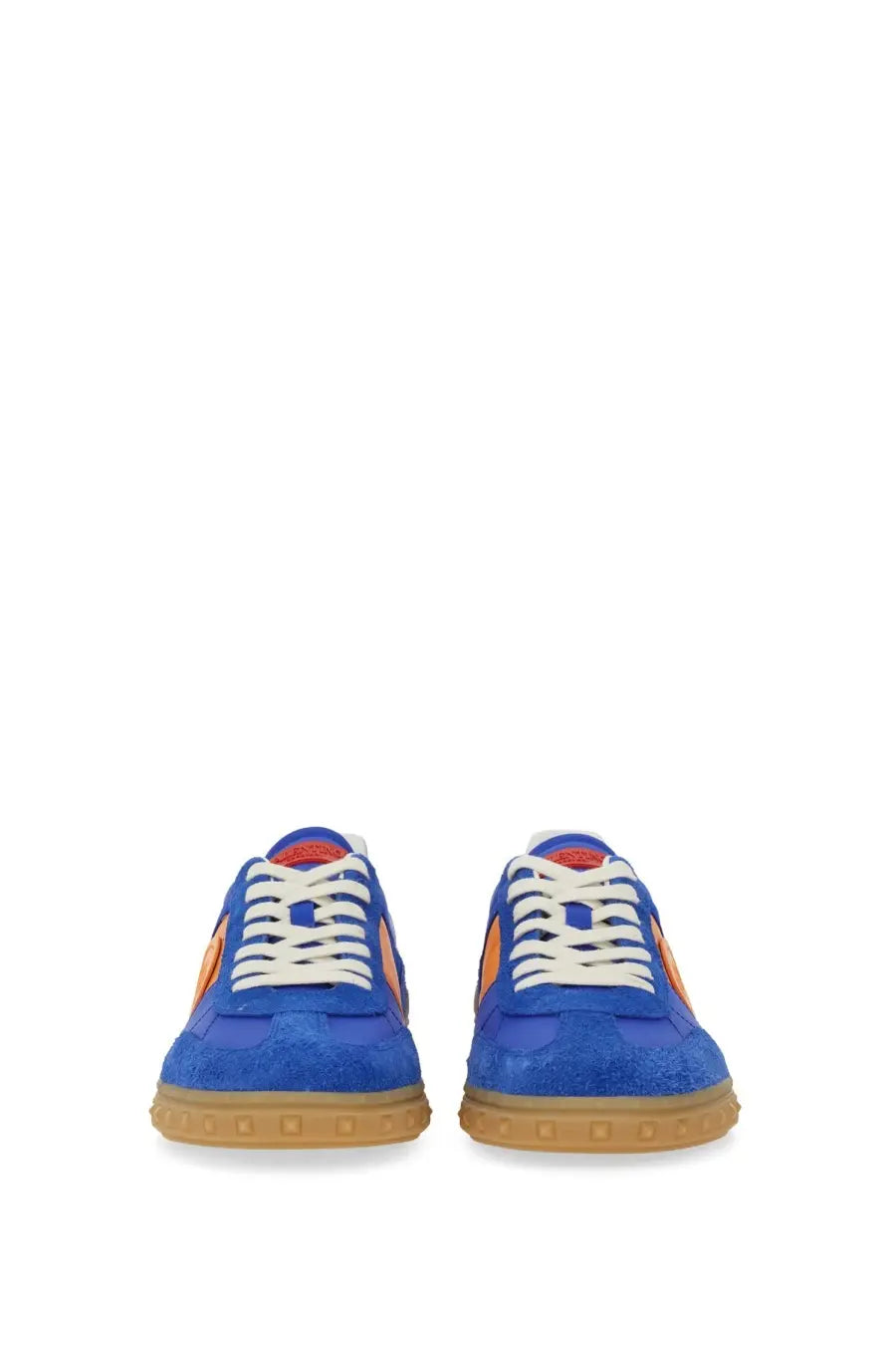 Valentino men’s sneaker low top in blue suede with orange side panels white laces and tan studded rubber sole