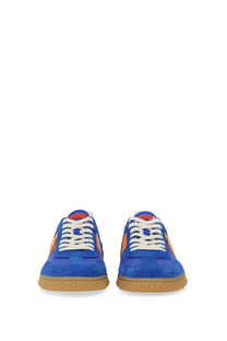 Valentino men’s sneaker low top in blue suede with orange side panels white laces and tan studded rubber sole