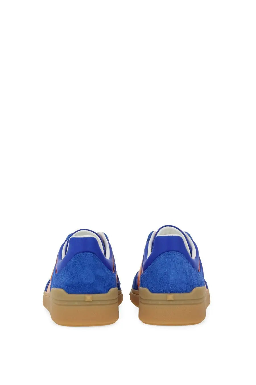 Valentino men’s low top sneaker in blue suede with tan rubber sole and white laces for casual wear