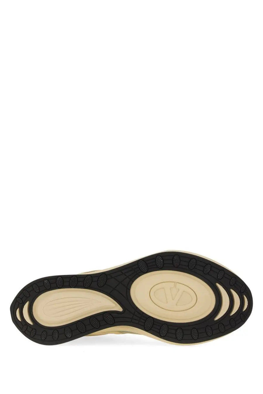 Beige and black sole of valentino men’s sneaker low top vlogo easyjog white with embossed oval logo in center