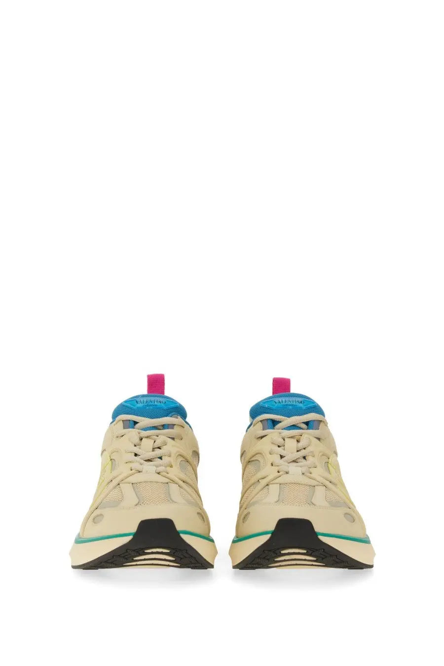 Valentino men’s low top sneaker in beige and teal with vibrant pink tongue tags for casual wear