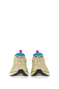 Valentino men’s low top sneaker in beige and teal with vibrant pink tongue tags for casual wear