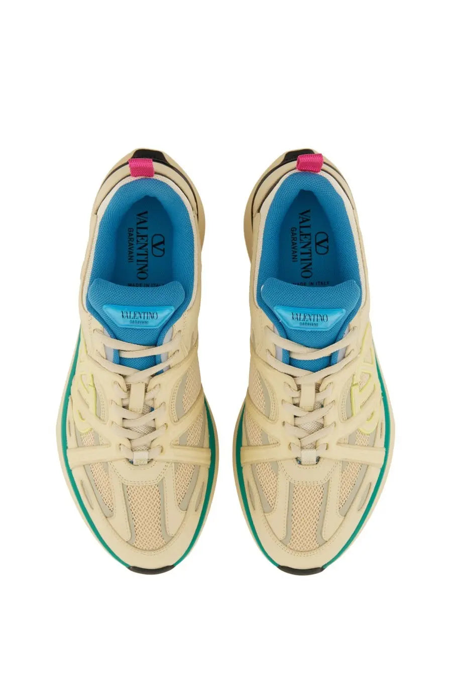 Valentino men’s sneaker low top vlogo easyjog white with cream mesh upper turquoise and pink accents and bold rubber sole