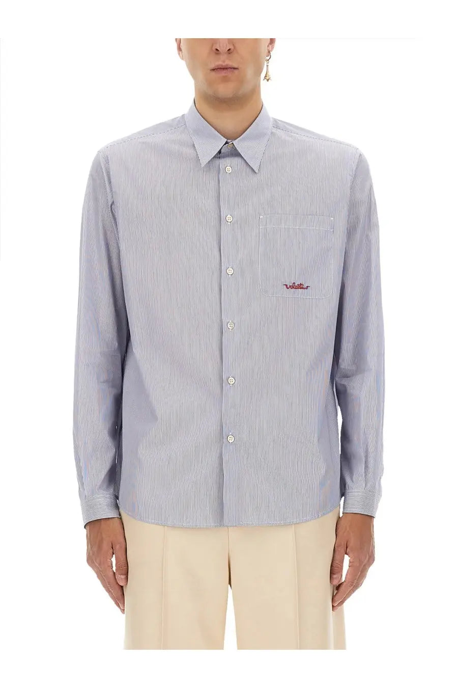 Valentino men’s long-sleeved cotton shirt in light blue and white vertical stripes with embroidered logo on chest pocket