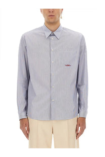 Valentino men’s long-sleeved cotton shirt in light blue and white vertical stripes with embroidered logo on chest pocket