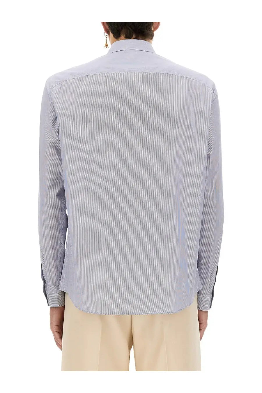 Valentino men’s striped cotton shirt blue featuring a light blue and white vertical stripe and classic collar