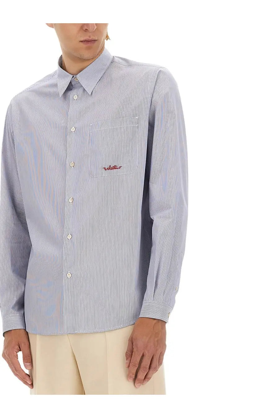 Valentino men’s striped cotton shirt in light blue and white with vertical stripes and embroidered chest pocket logo