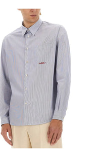 Valentino men’s striped cotton shirt in light blue and white with vertical stripes and embroidered chest pocket logo