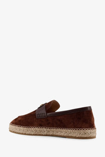 Valentino men’s brown suede espadrille loafer with dark brown leather strap and woven jute sole