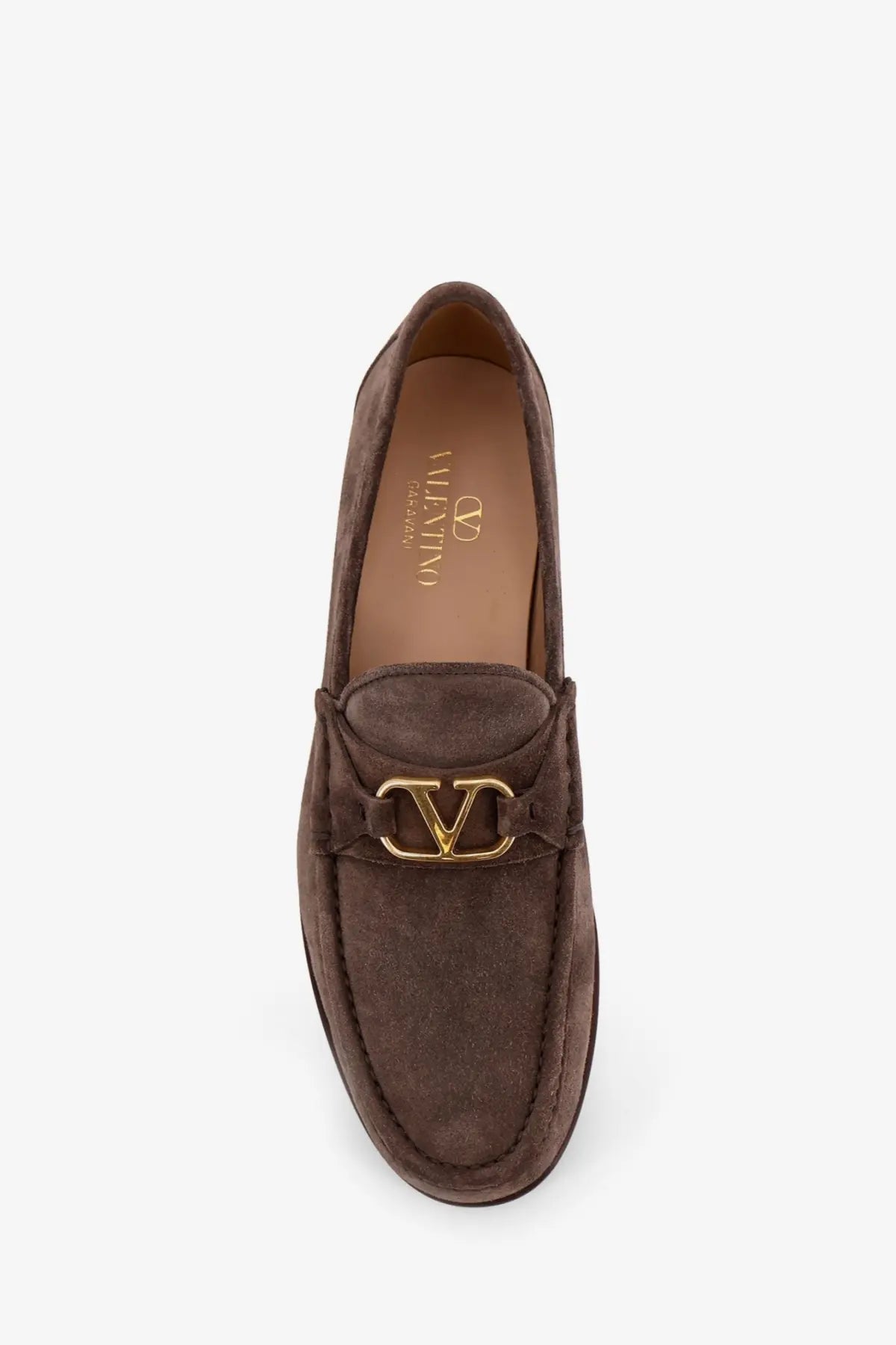 Valentino men’s brown suede loafers with gold-tone v-logo buckle in grey product showcase