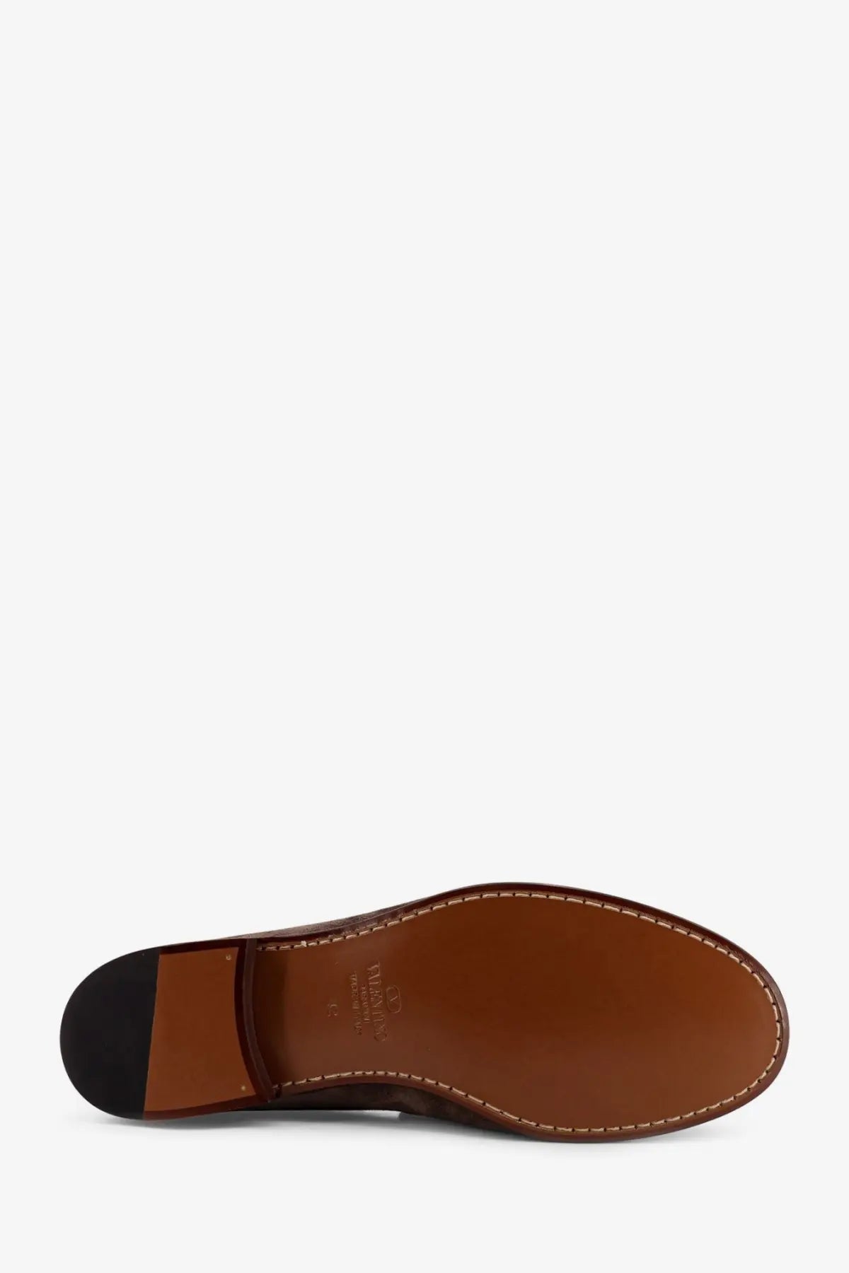 Brown leather shoe with black rubber heel and tan stitching for valentino men’s suede loafers grey product