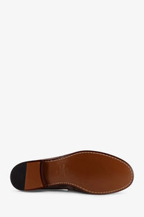 Brown leather shoe with black rubber heel and tan stitching for valentino men’s suede loafers grey product
