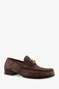 Brown suede loafer with gold-tone horsebit buckle from valentino mens suede loafers grey collection