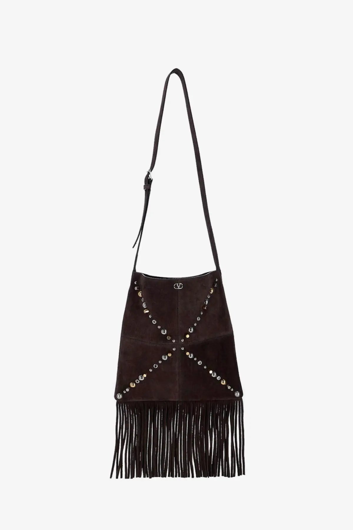 Valentino men’s black suede bucket bag with silver-toned x studs and fringe detail at the bottom