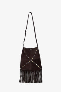 Valentino men’s black suede bucket bag with silver-toned x studs and fringe detail at the bottom