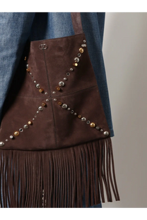 Valentino men’s brown suede shoulder bag with gold and silver studs and long fringe detailing at the bottom