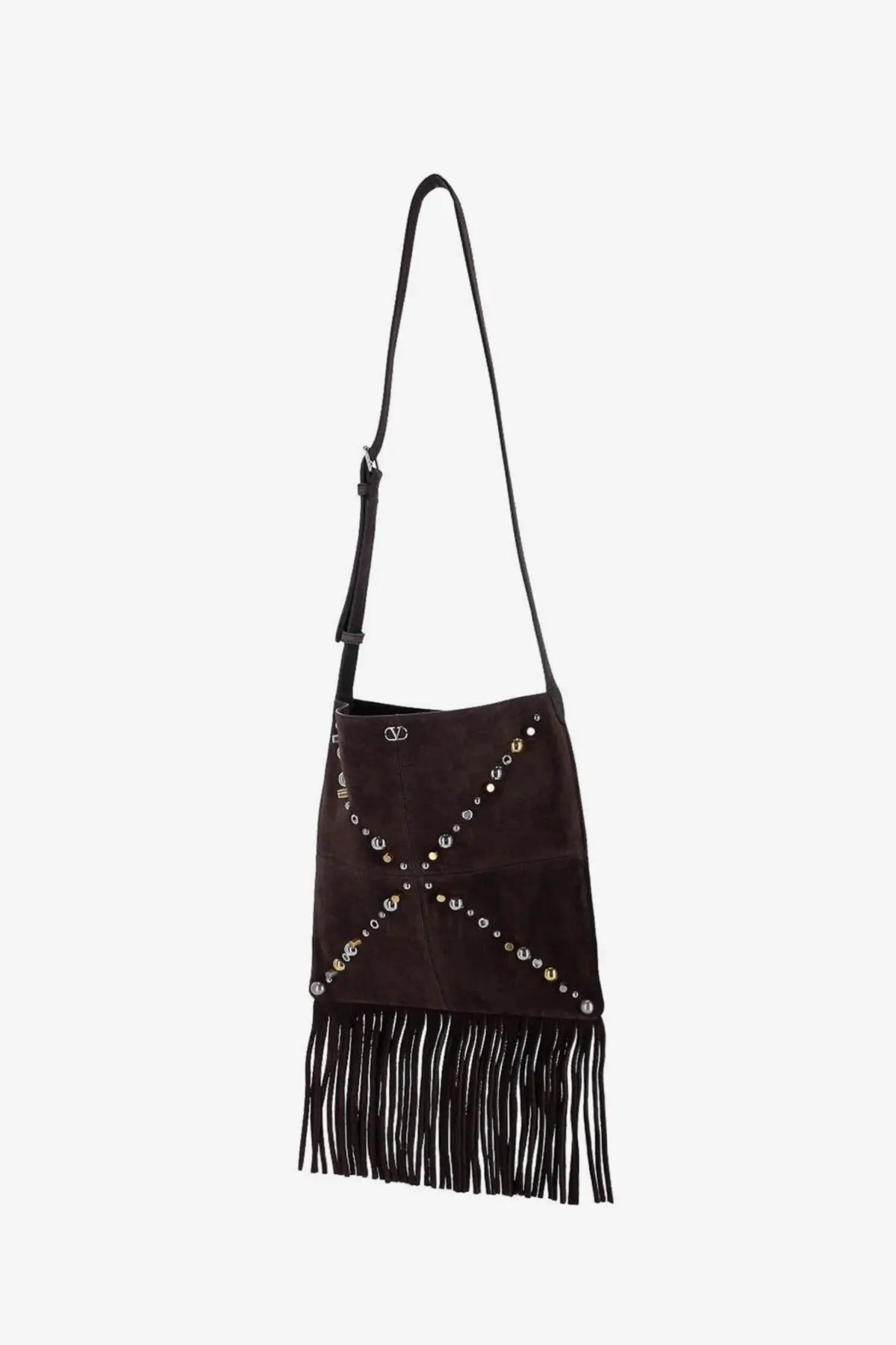 Valentino men’s dark brown suede shoulder bag with silver and gold studs cross-stitch pattern and black fringe