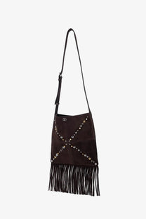 Valentino men’s dark brown suede shoulder bag with silver and gold studs cross-stitch pattern and black fringe