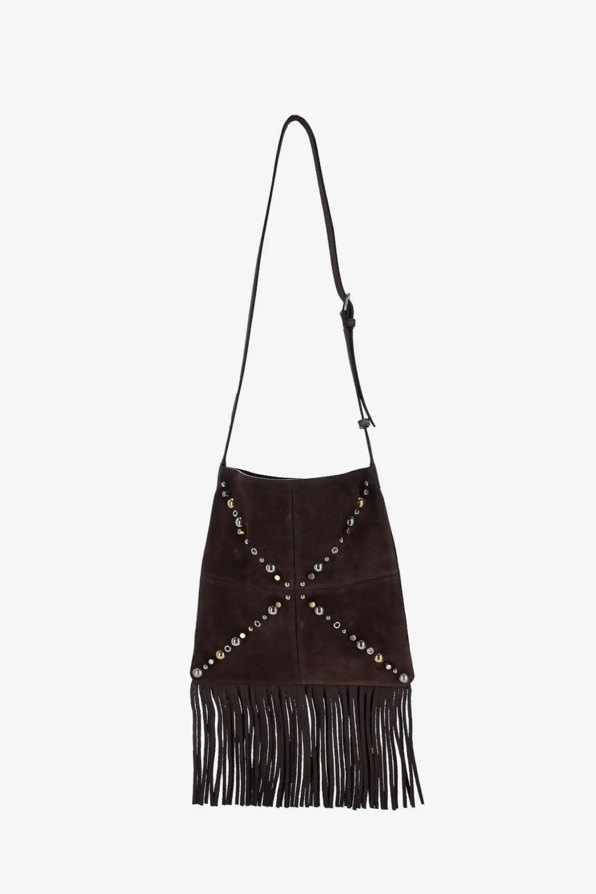Valentino men’s dark brown suede shoulder bag with black fringe and silver-toned x pattern studs