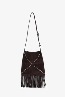 Valentino men’s dark brown suede shoulder bag with black fringe and silver-toned x pattern studs