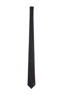 Valentino men’s black silk tie with a subtle minimalist logo embroidered near the tip