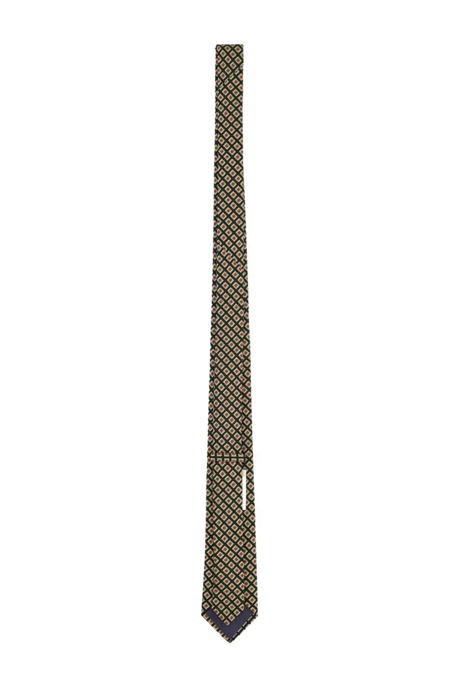 Valentino men’s dark green silk tie with beige and gold geometric pattern and navy blue pointed tip