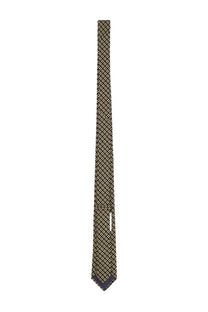 Valentino men’s dark green silk tie with beige and gold geometric pattern and navy blue pointed tip
