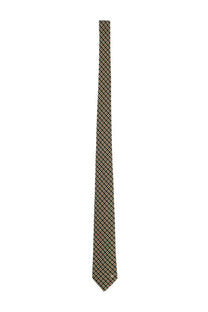 Valentino men’s dark green silk tie with subtle geometric interlocking diamond pattern in muted gold and beige tones