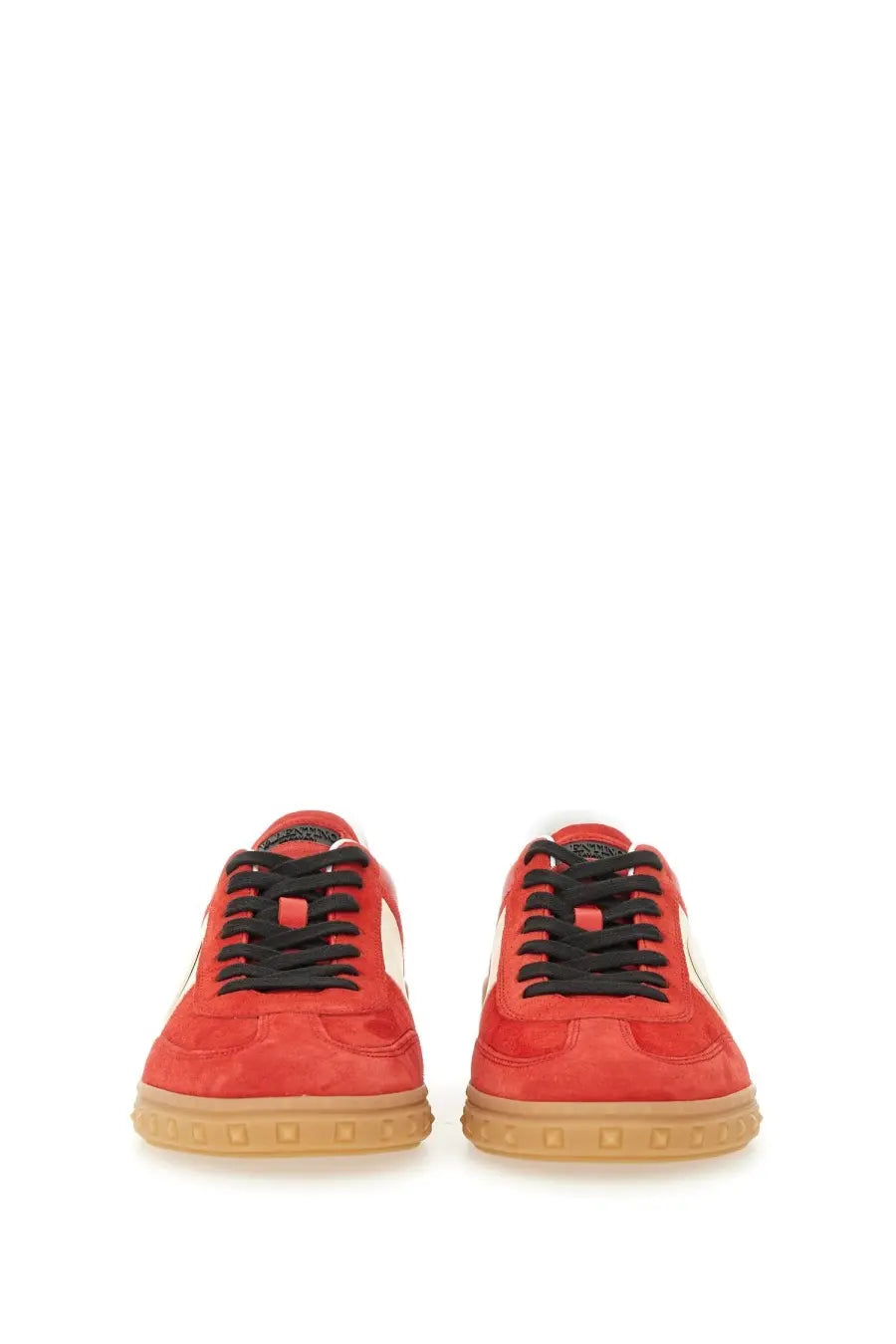 Valentino men’s upvillage sneaker in red suede low-top design with black laces and tan rubber sole