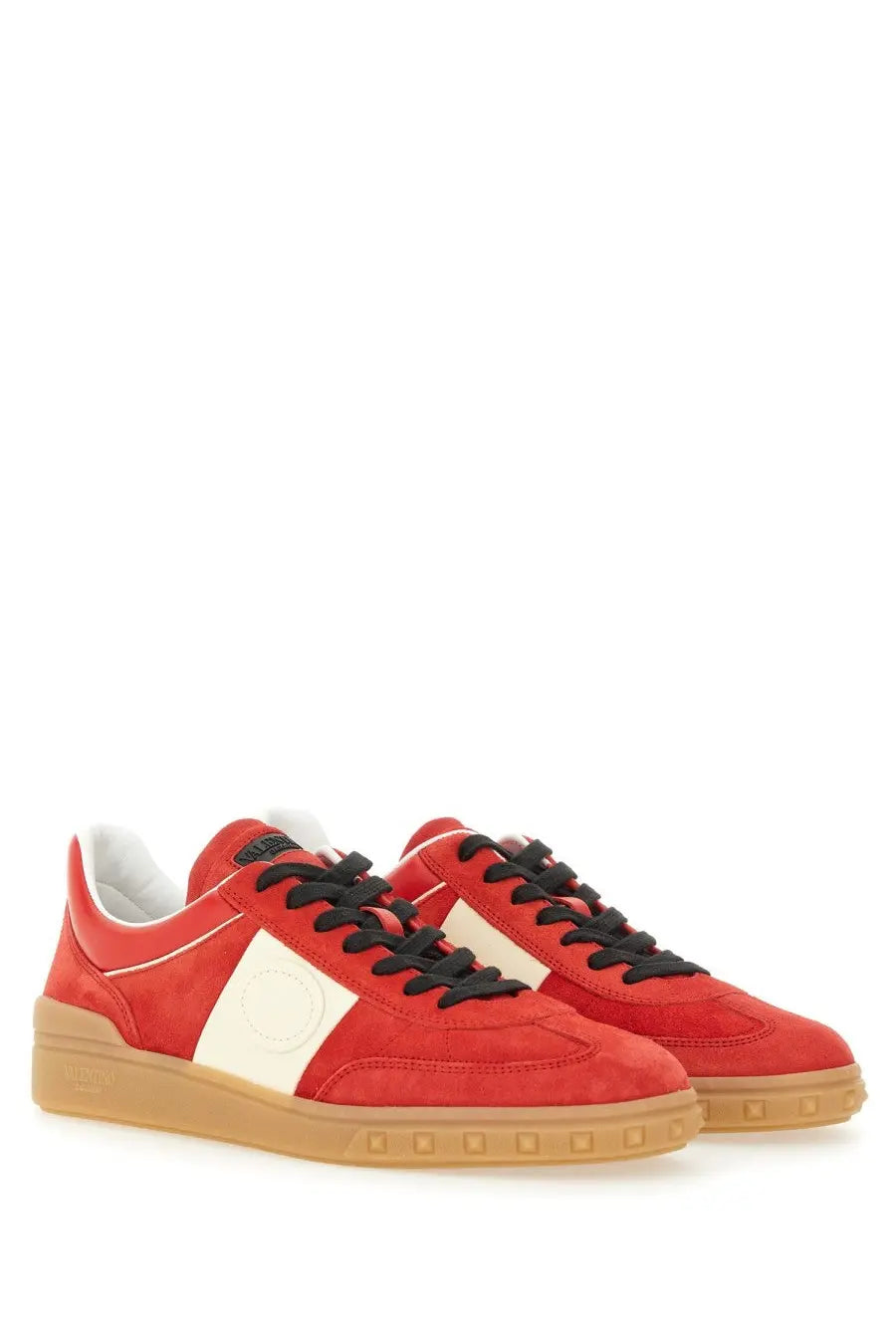 Valentino men’s Upvillage sneaker in red suede with cream panel black laces and gum rubber sole