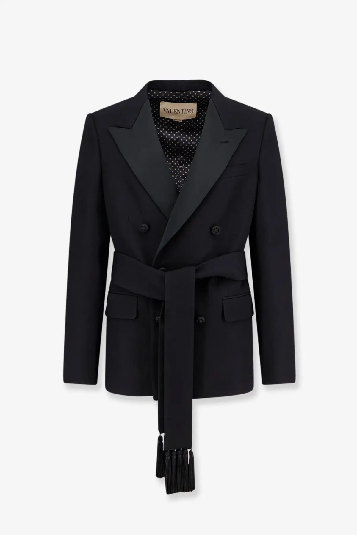 Black valentino men’s virgin wool double-breasted blazer with belted waist and tassel detailing