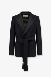 Black valentino men’s virgin wool double-breasted blazer with belted waist and tassel detailing