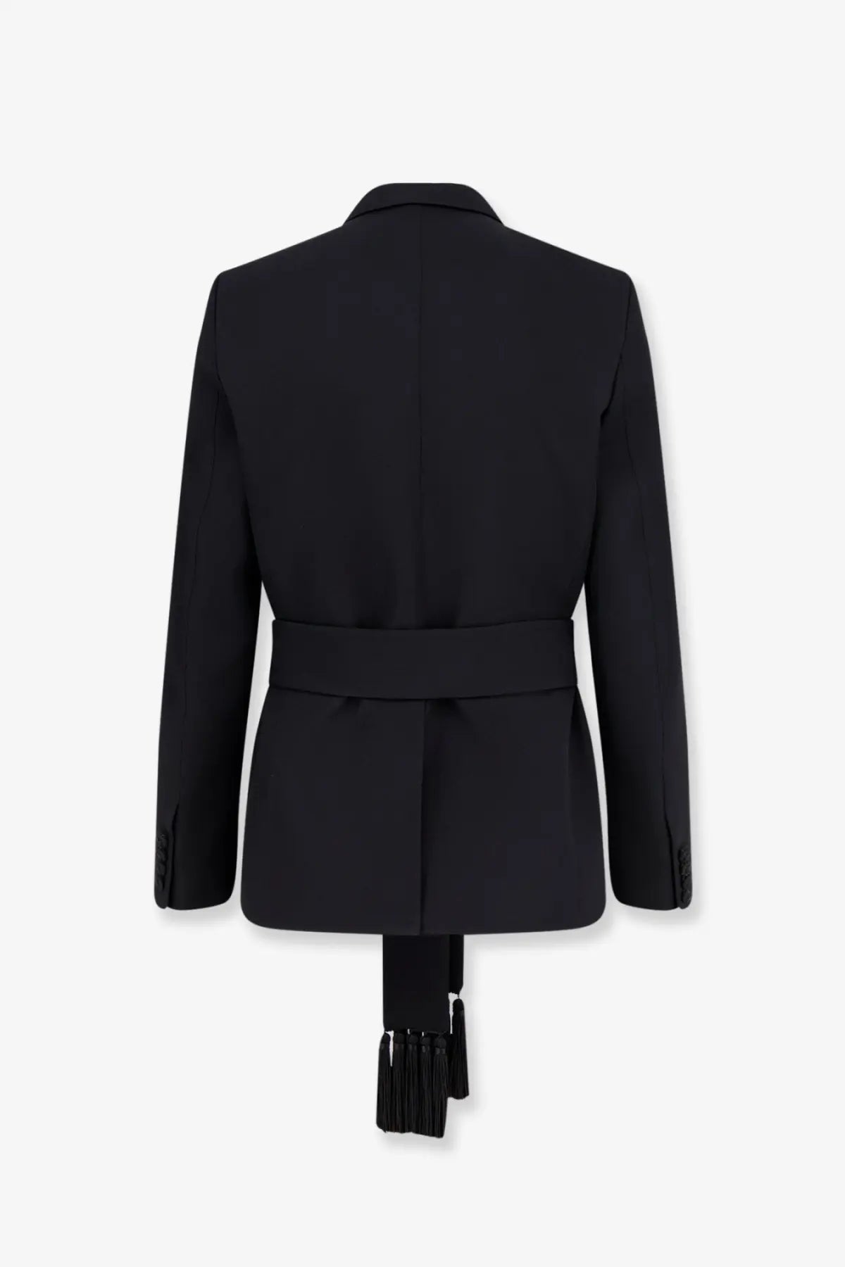Valentino men’s black virgin wool tailored blazer with belted waist and decorative tassels at the hem