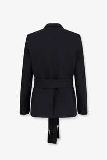 Valentino men’s black virgin wool tailored blazer with belted waist and decorative tassels at the hem