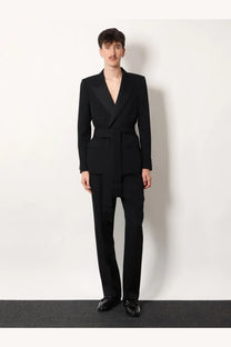 Valentino men’s black virgin wool blazer with notched lapels and belted waist tailored for a sleek fit