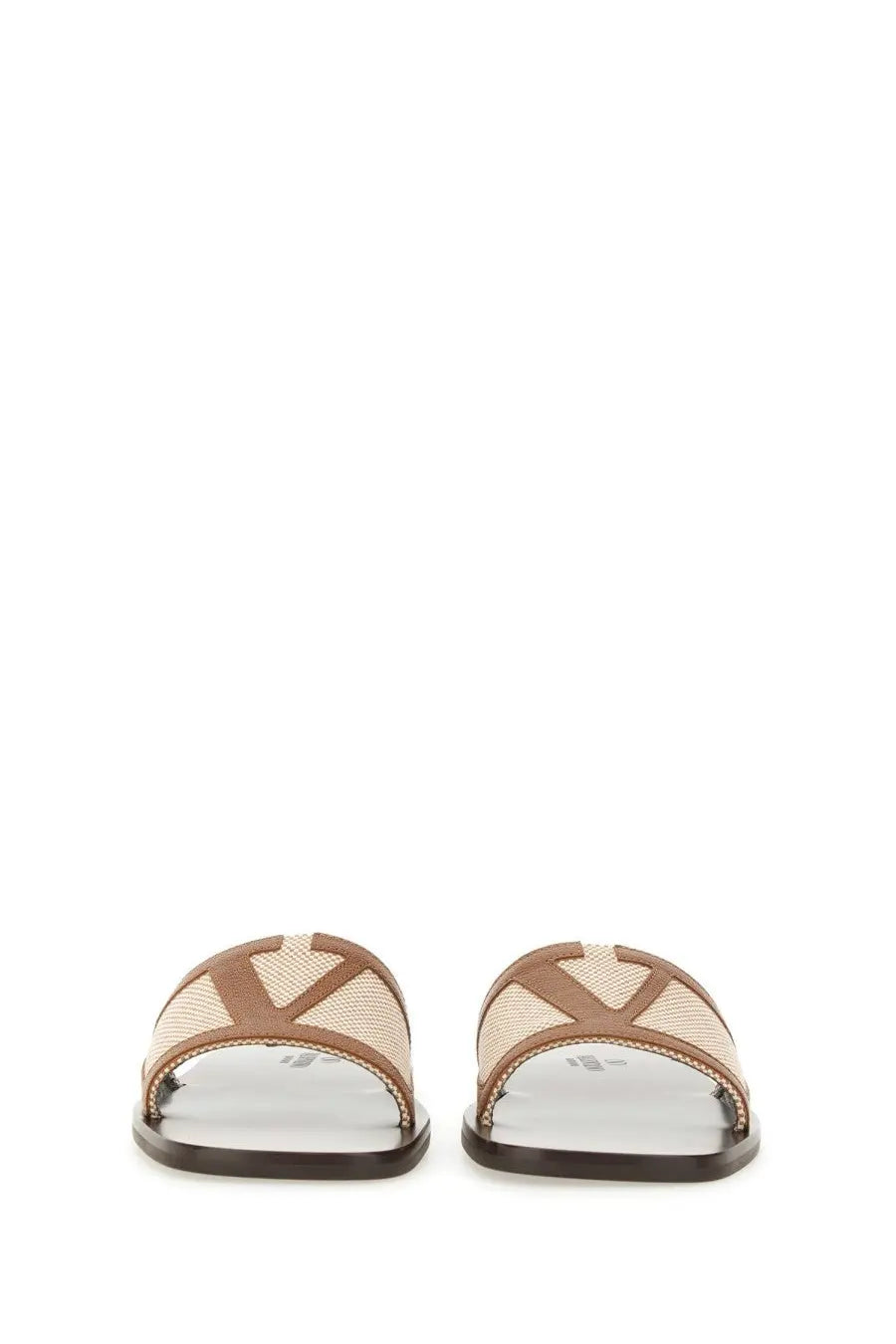 Valentino men’s viva superstar slide sandal in brown with beige mesh and distinctive v-shaped design