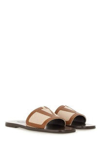 Valentino men’s viva superstar slide sandal brown with v-shaped design in brown leather and beige mesh materials