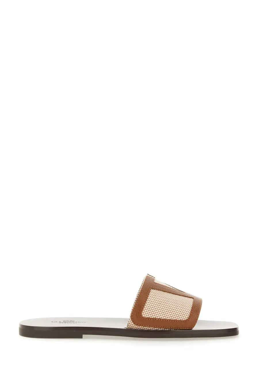 Valentino men’s viva superstar slide sandal brown with brown leather strap beige mesh panel and subtle logo on flat sole