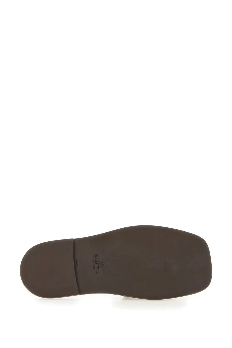 Valentino men’s viva superstar slide sandal brown showing brown rubber sole with subtle embossed logo near heel back view