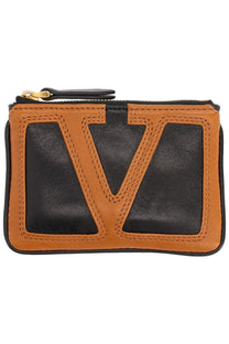 Valentino men’s viva superstar black leather wallet with brown accents and bold v-shaped zippered design