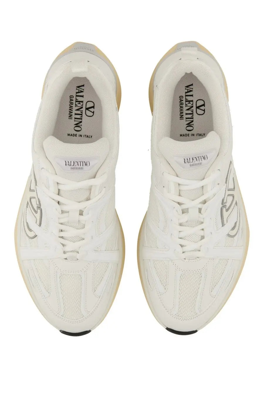 White Valentino men’s Vlogo Easyjog sneaker with silver logo detailing and beige rubber sole in leather and fabric