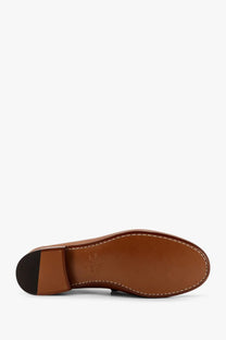 Brown leather sole with visible stitching and black rubber heel of valentino men’s vlogo leather loafer back side