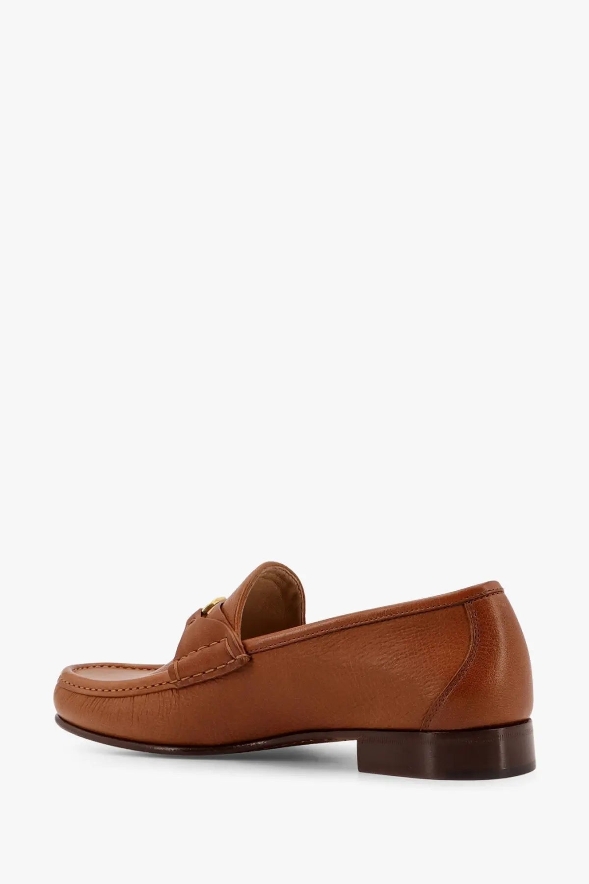Valentino men’s vlogo tan leather loafer with gold-tone horsebit buckle and dark brown rubber sole